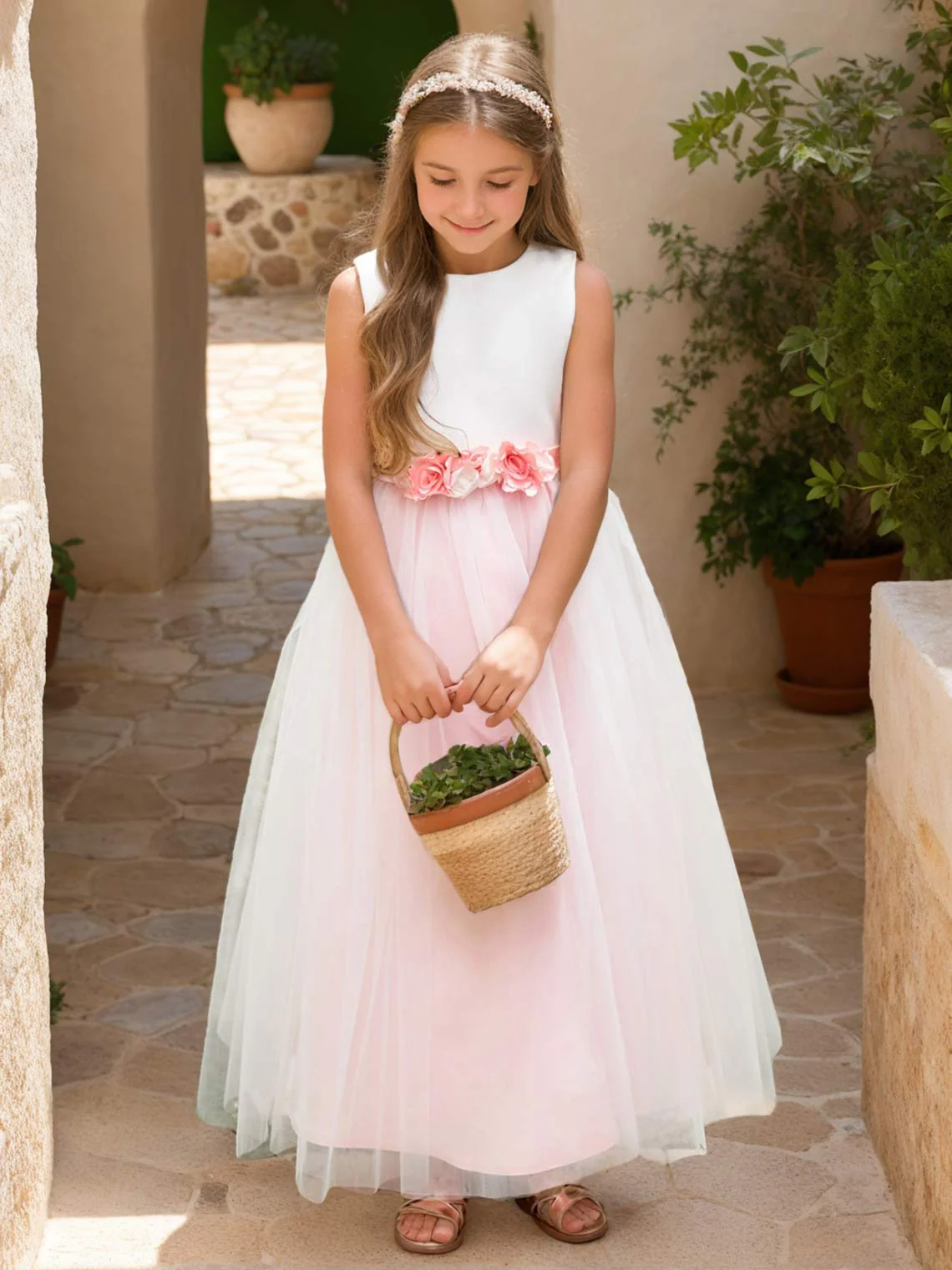 A-line 3D Flower Satin Tulle Ankle-length  Flower Girl Dress - Image 4
