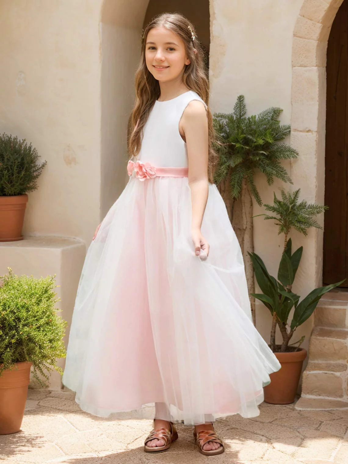A-line 3D Flower Satin Tulle Ankle-length  Flower Girl Dress - Image 5