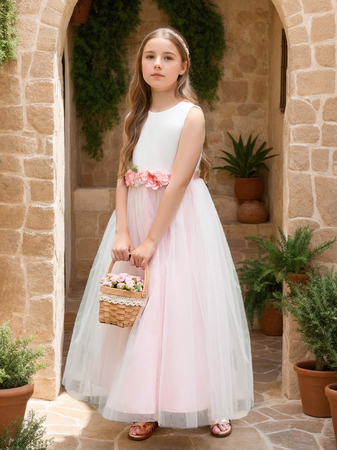 A-line 3D Flower Satin Tulle Ankle-length  Flower Girl Dress - Image 7