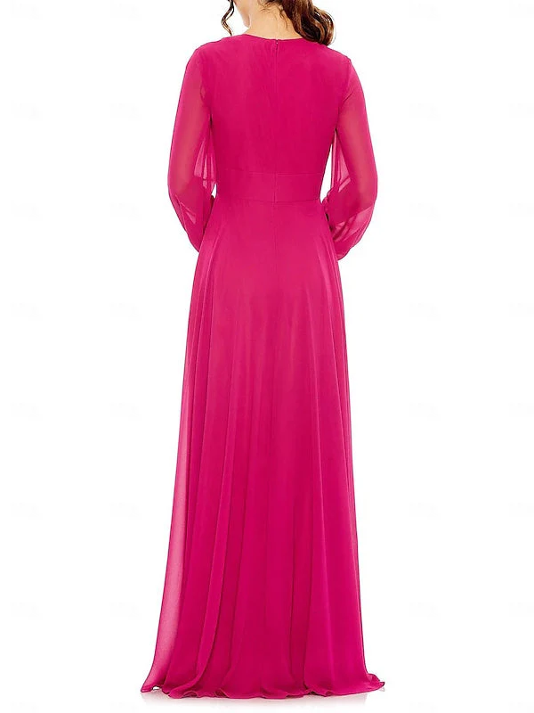 A-Line Floor Length Long Sleeve V Neck Wedding Guest Dresses  Chiffon with Pleat - Image 3