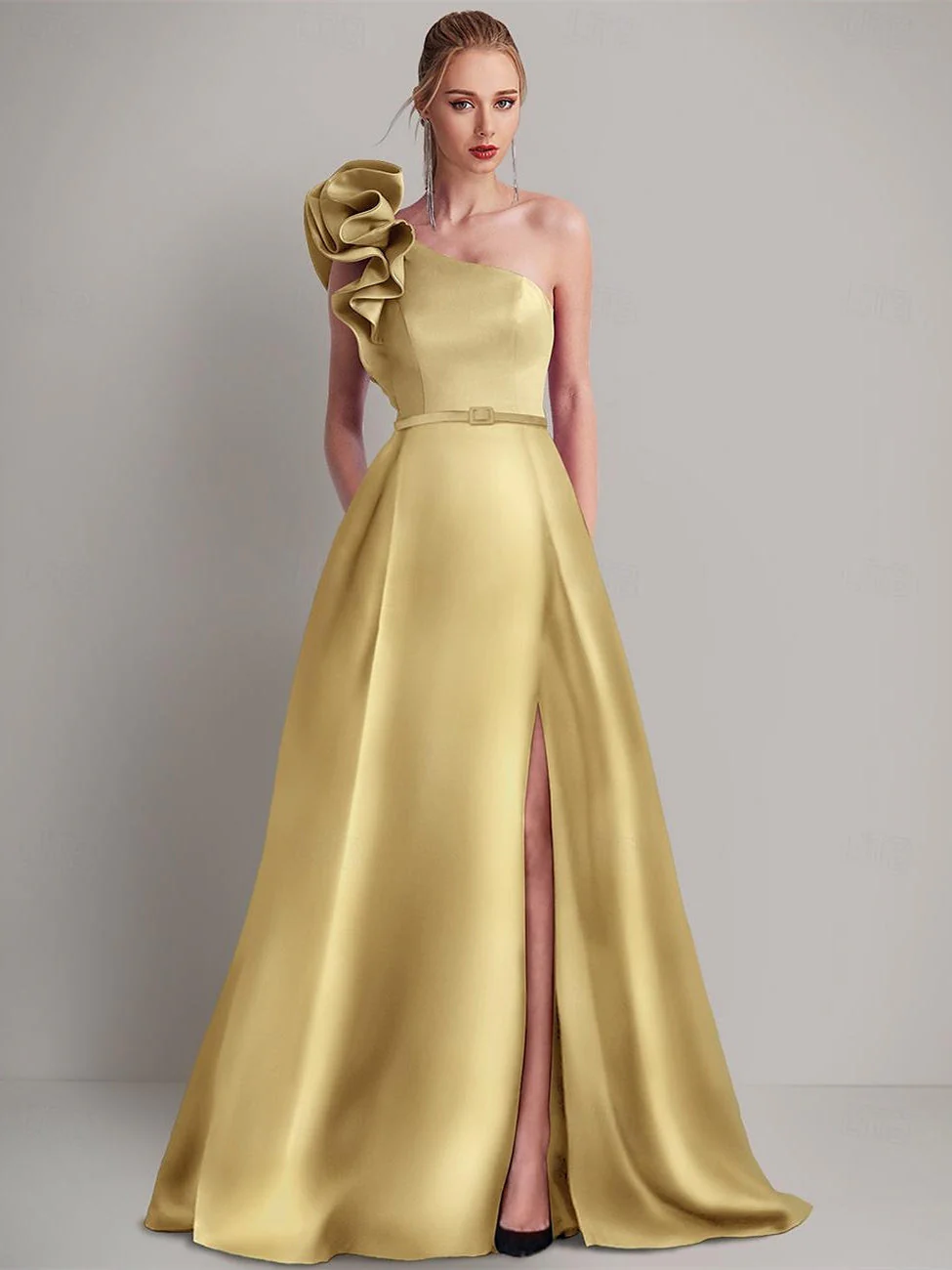 A-Line Floor Length Sleeveless One Shoulder Wedding Guest Dress   Satin with Pocket Shoulder Flower - Image 4