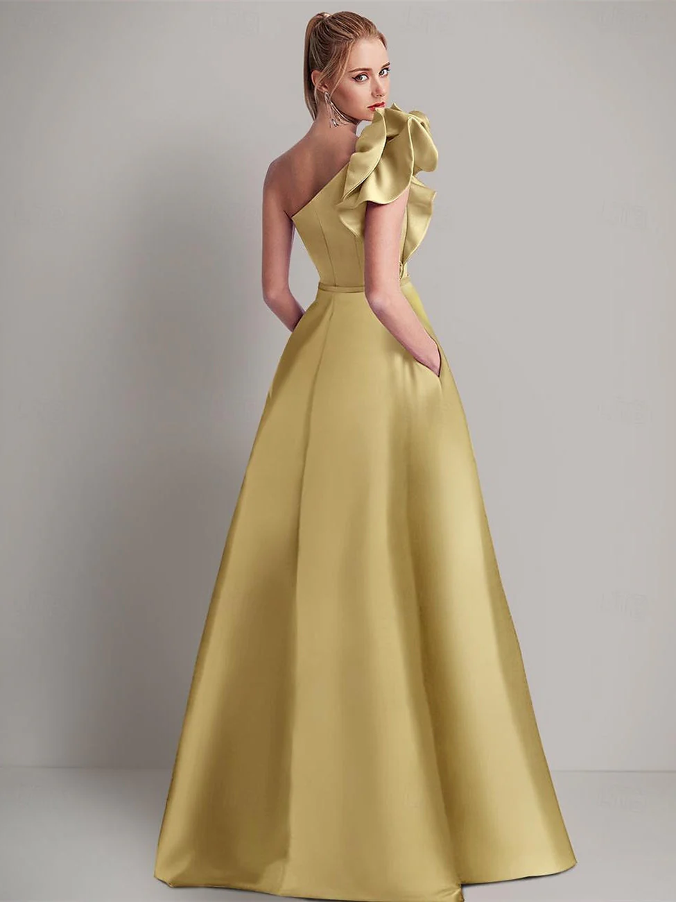 A-Line Floor Length Sleeveless One Shoulder Wedding Guest Dress   Satin with Pocket Shoulder Flower - Image 5