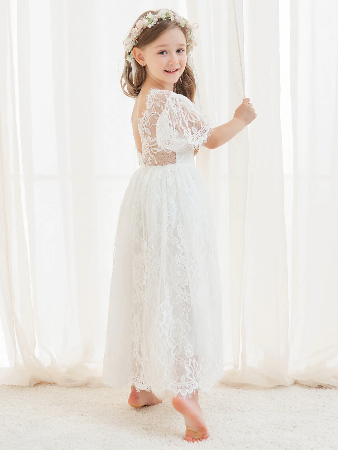 A-line Lace Ankle-length Ivory Boho Flower Girl Dress - Image 14