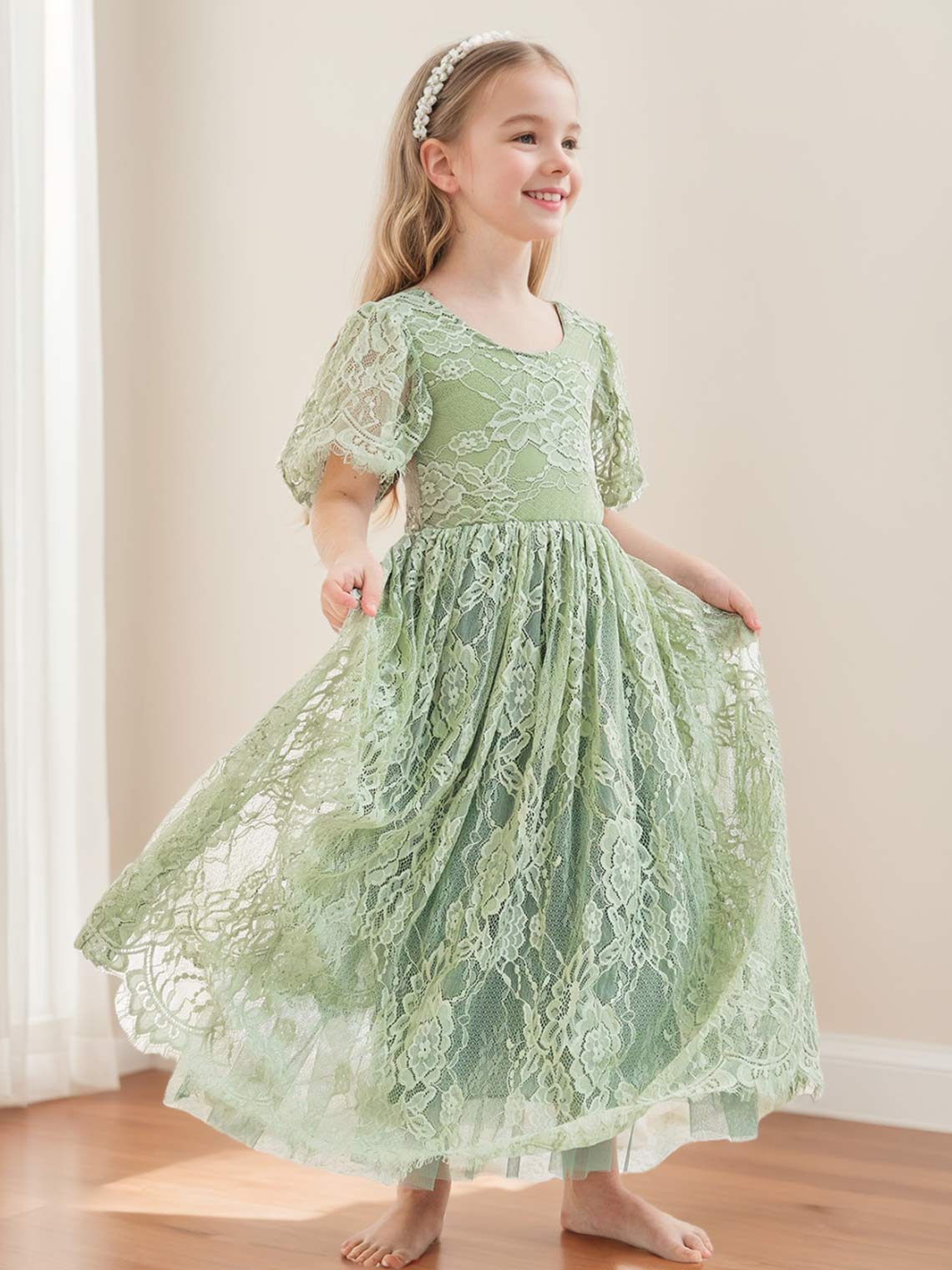 A-line Lace Ankle-length Ivory Boho Flower Girl Dress - Image 8