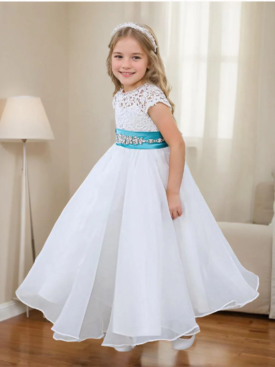 A-line Lace Organza Ankle-length Ivory Flower Girl Dress - Image 3