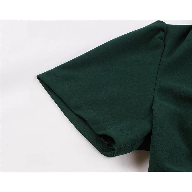 A-Line/Princess 1950s V-Neck Short Sleeves Ruched Vintage Dresses with Pleats & Bow & Buttons - Image 6