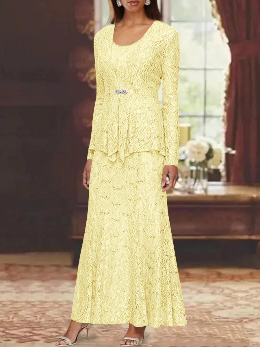 A-Line/Princess 2 Pieces Scoop Lace Mother of the Bride Dresses with Jacket Long Sleeves Ankle-Length - Image 15