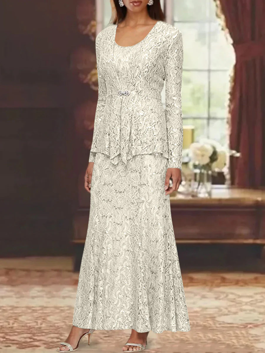 A-Line/Princess 2 Pieces Scoop Lace Mother of the Bride Dresses with Jacket Long Sleeves Ankle-Length - Image 25