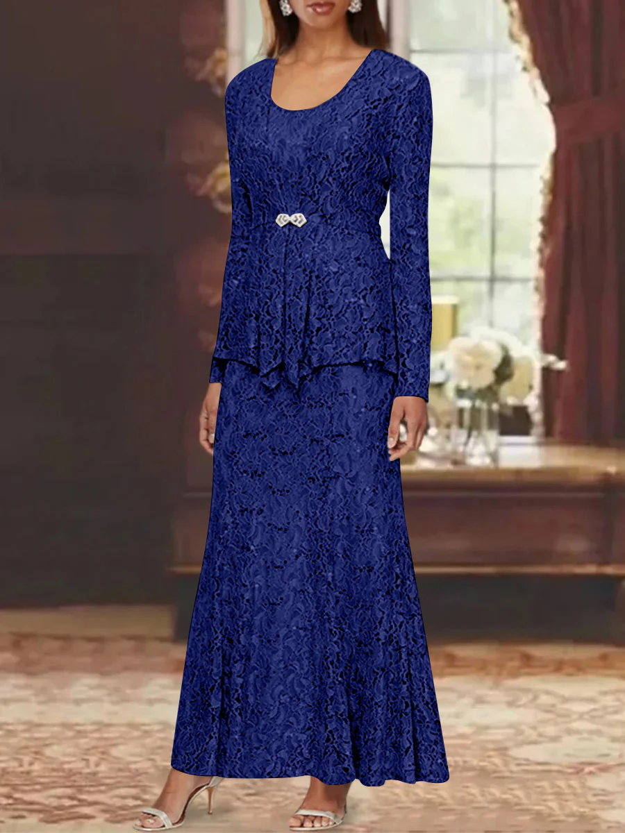 A-Line/Princess 2 Pieces Scoop Lace Mother of the Bride Dresses with Jacket Long Sleeves Ankle-Length - Image 37