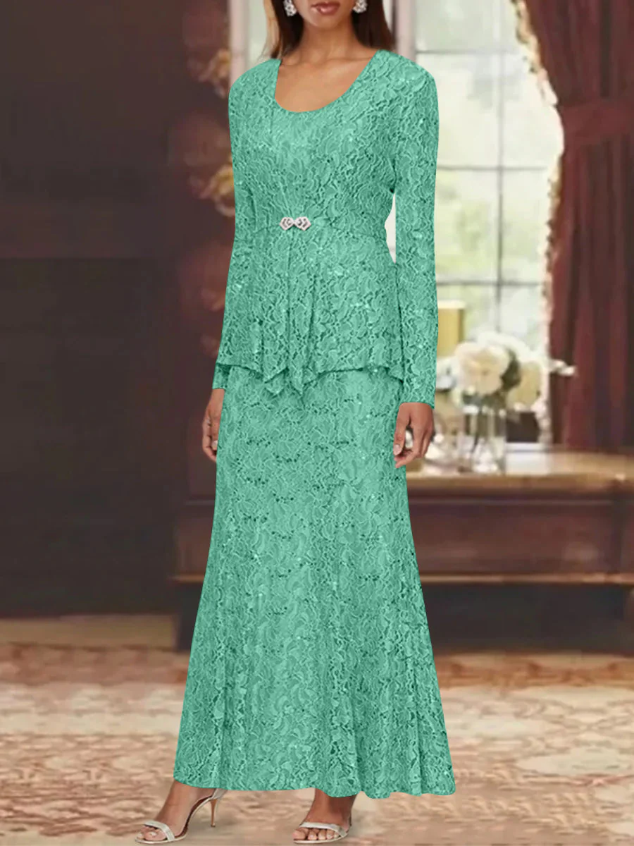 A-Line/Princess 2 Pieces Scoop Lace Mother of the Bride Dresses with Jacket Long Sleeves Ankle-Length - Image 40