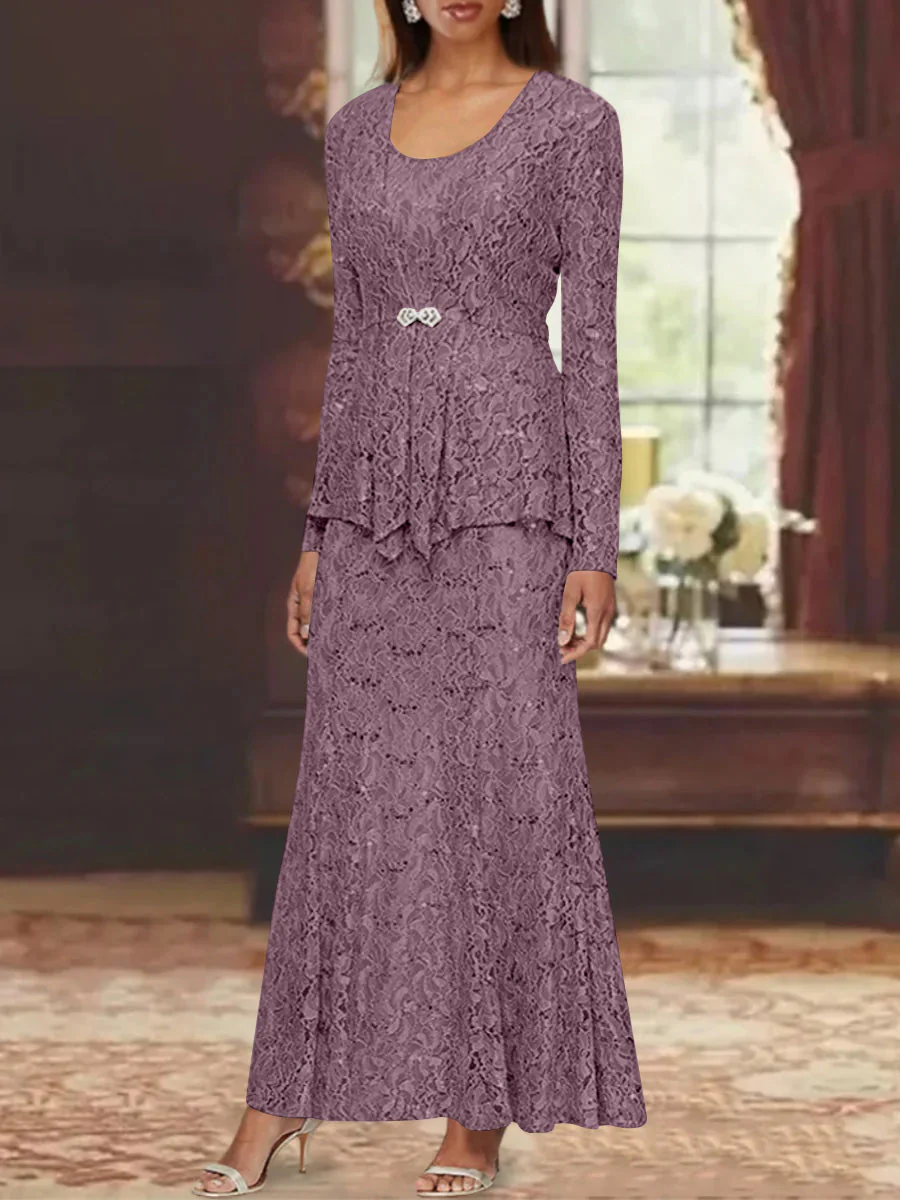 A-Line/Princess 2 Pieces Scoop Lace Mother of the Bride Dresses with Jacket Long Sleeves Ankle-Length - Image 45