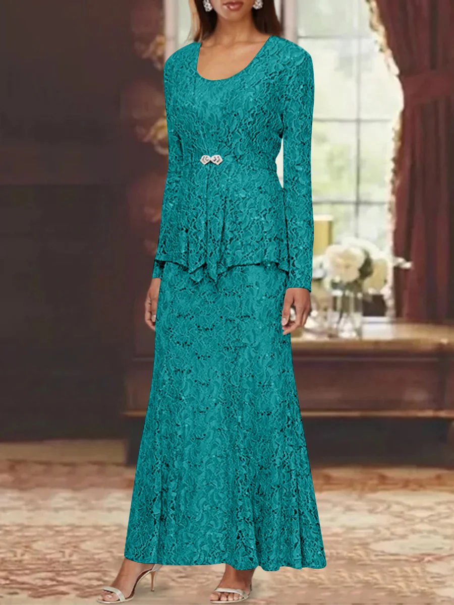 A-Line/Princess 2 Pieces Scoop Lace Mother of the Bride Dresses with Jacket Long Sleeves Ankle-Length - Image 47