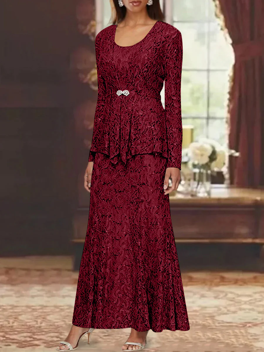 A-Line/Princess 2 Pieces Scoop Lace Mother of the Bride Dresses with Jacket Long Sleeves Ankle-Length - Image 48