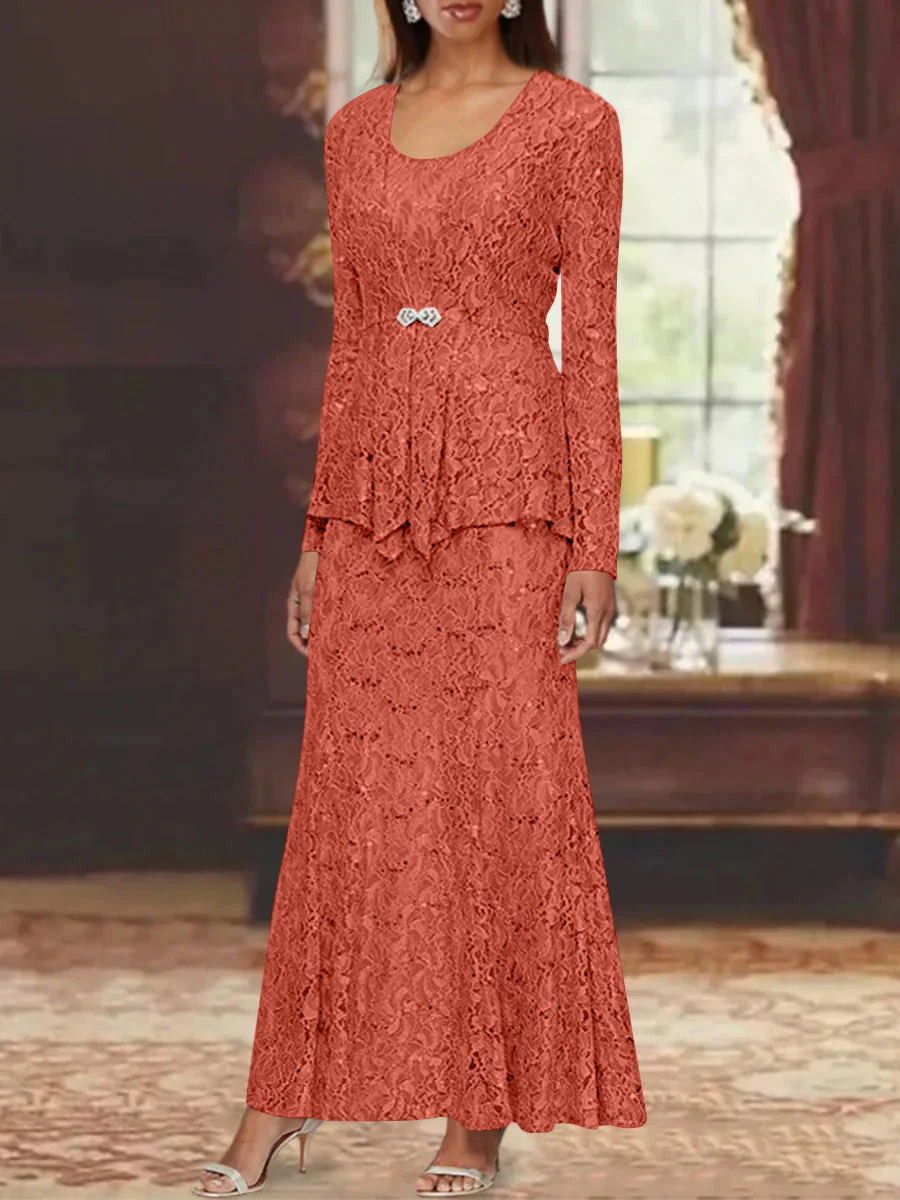A-Line/Princess 2 Pieces Scoop Lace Mother of the Bride Dresses with Jacket Long Sleeves Ankle-Length - Image 50