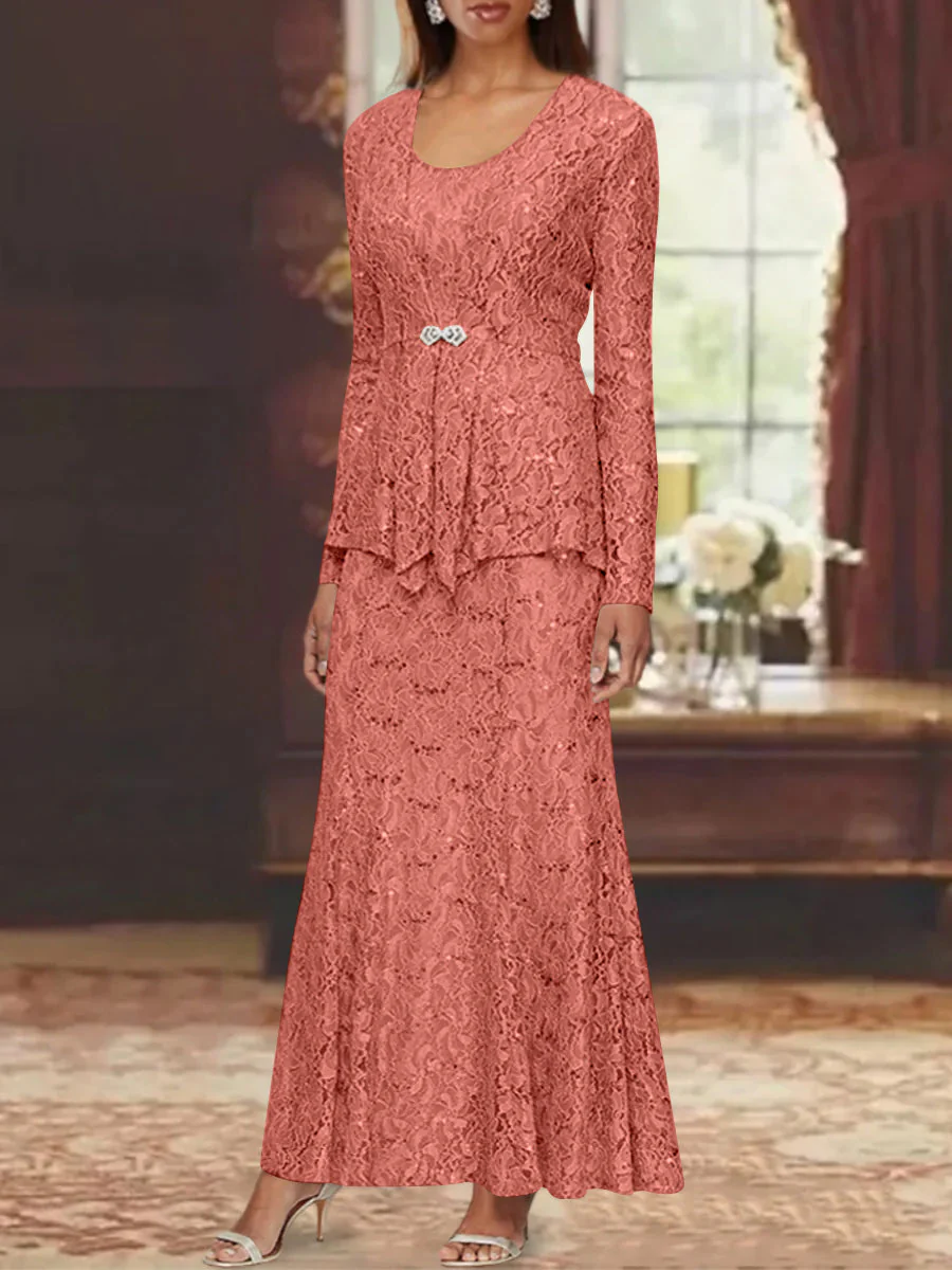 A-Line/Princess 2 Pieces Scoop Lace Mother of the Bride Dresses with Jacket Long Sleeves Ankle-Length - Image 51