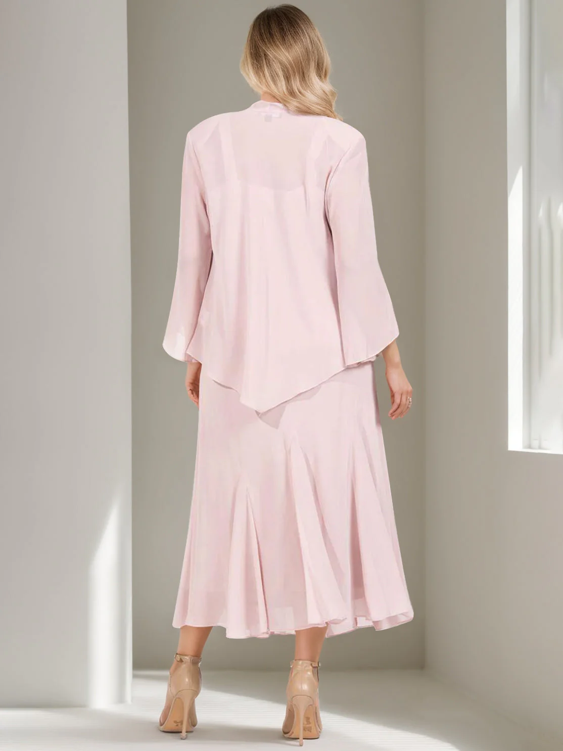 A-Line/Princess 2 Pieces V-Neck Tea-Length Plus Size Mother of the Bride Dresses with Jacket & Sequins - Image 2