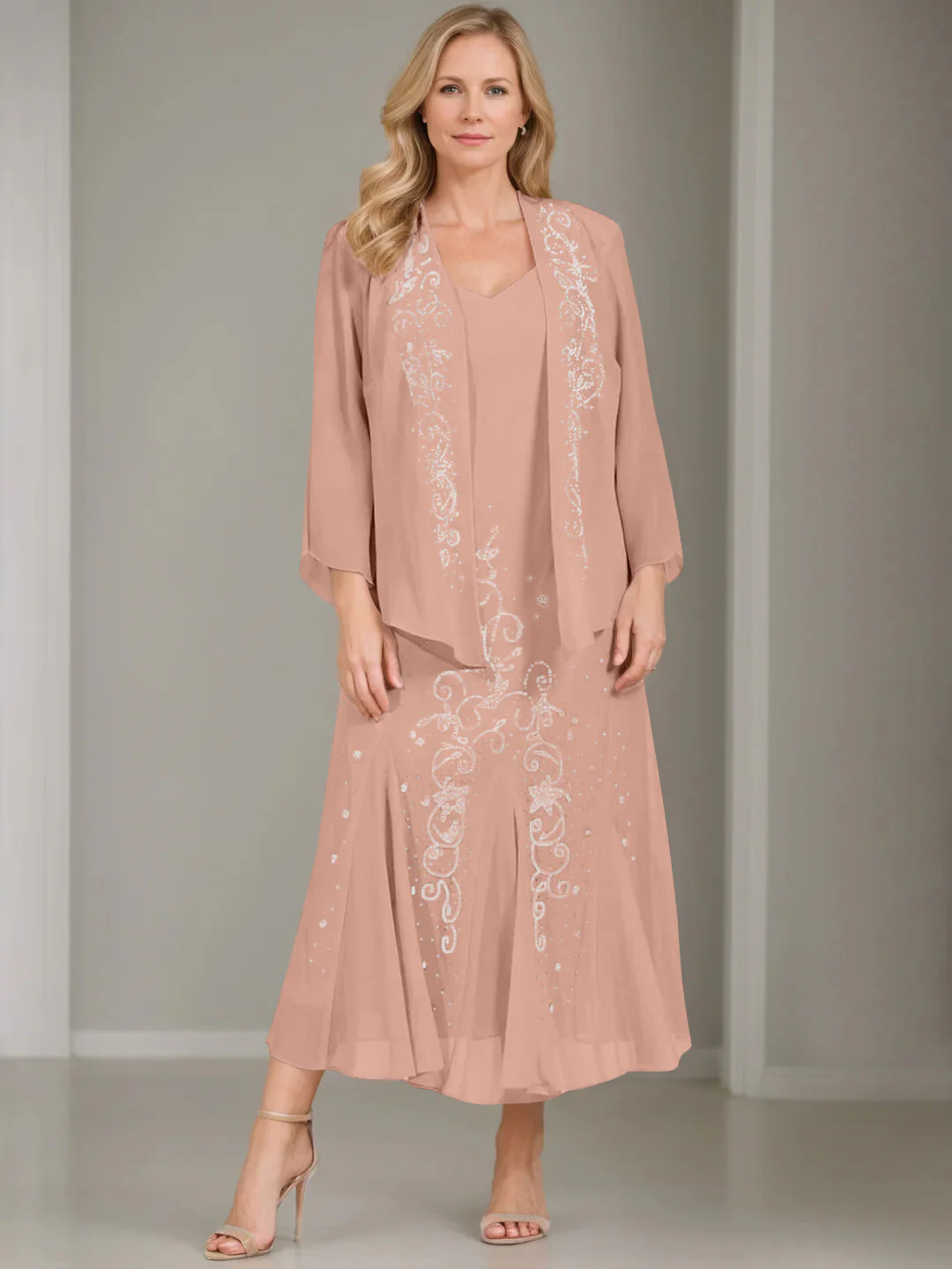 A-Line/Princess 2 Pieces V-Neck Tea-Length Plus Size Mother of the Bride Dresses with Jacket & Sequins - Image 20
