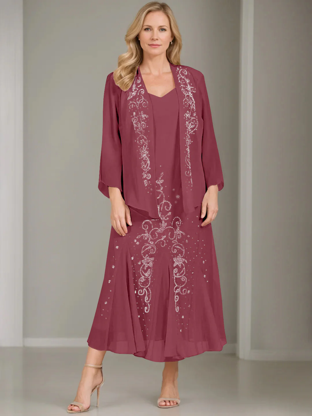A-Line/Princess 2 Pieces V-Neck Tea-Length Plus Size Mother of the Bride Dresses with Jacket & Sequins - Image 40