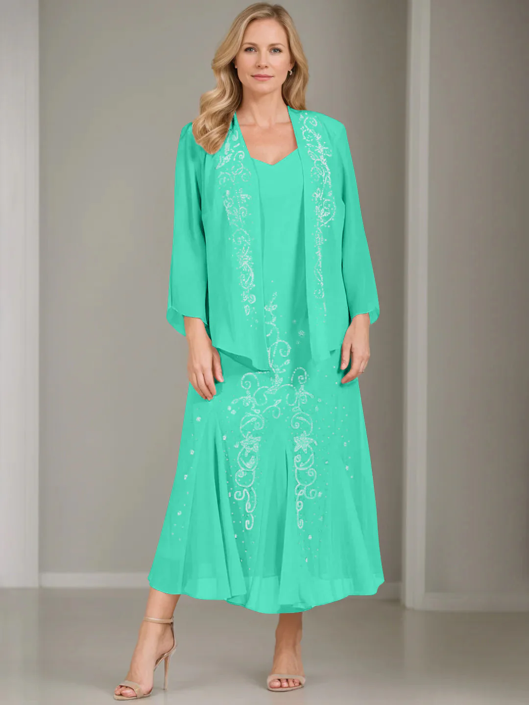 A-Line/Princess 2 Pieces V-Neck Tea-Length Plus Size Mother of the Bride Dresses with Jacket & Sequins - Image 44
