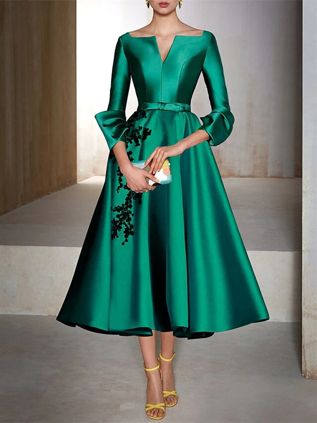 A-Line/Princess 3/4 Length Sleeves Tea Length Cocktail Dresses with Appliques - Image 2