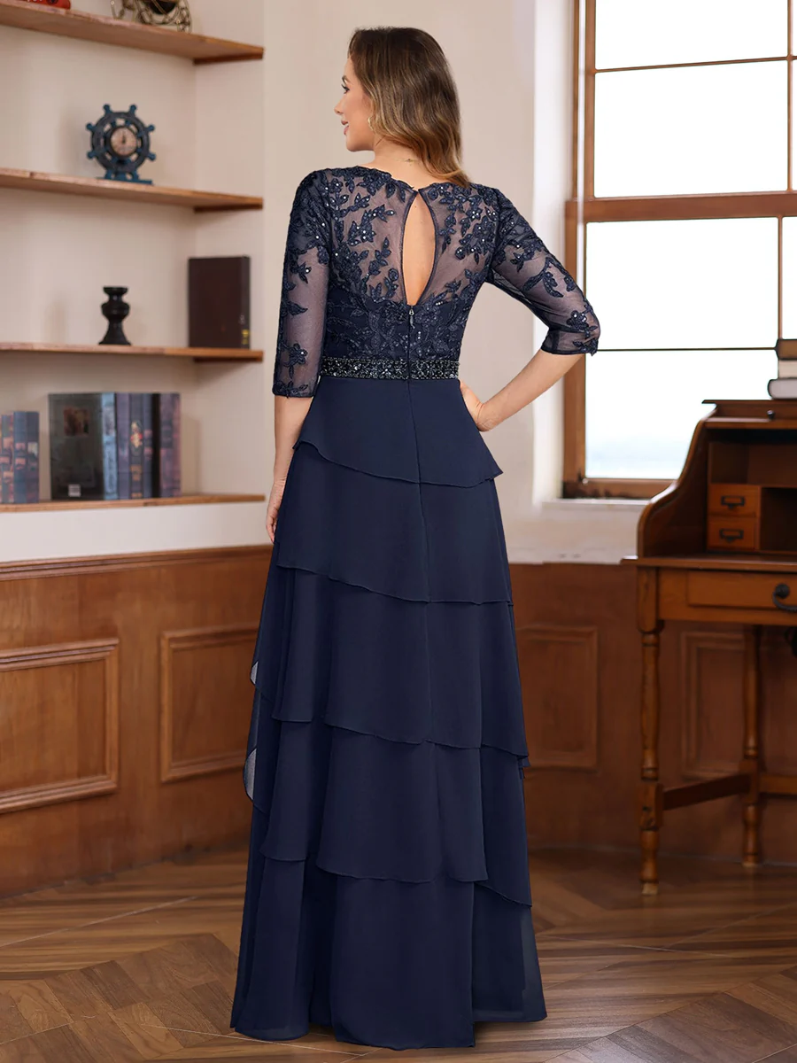 A-Line/Princess 3/4 Sleeves Floor-Length Elegant Mother of the Bride & Groom Dresses with Lace Appliques & Ruffles - Image 2
