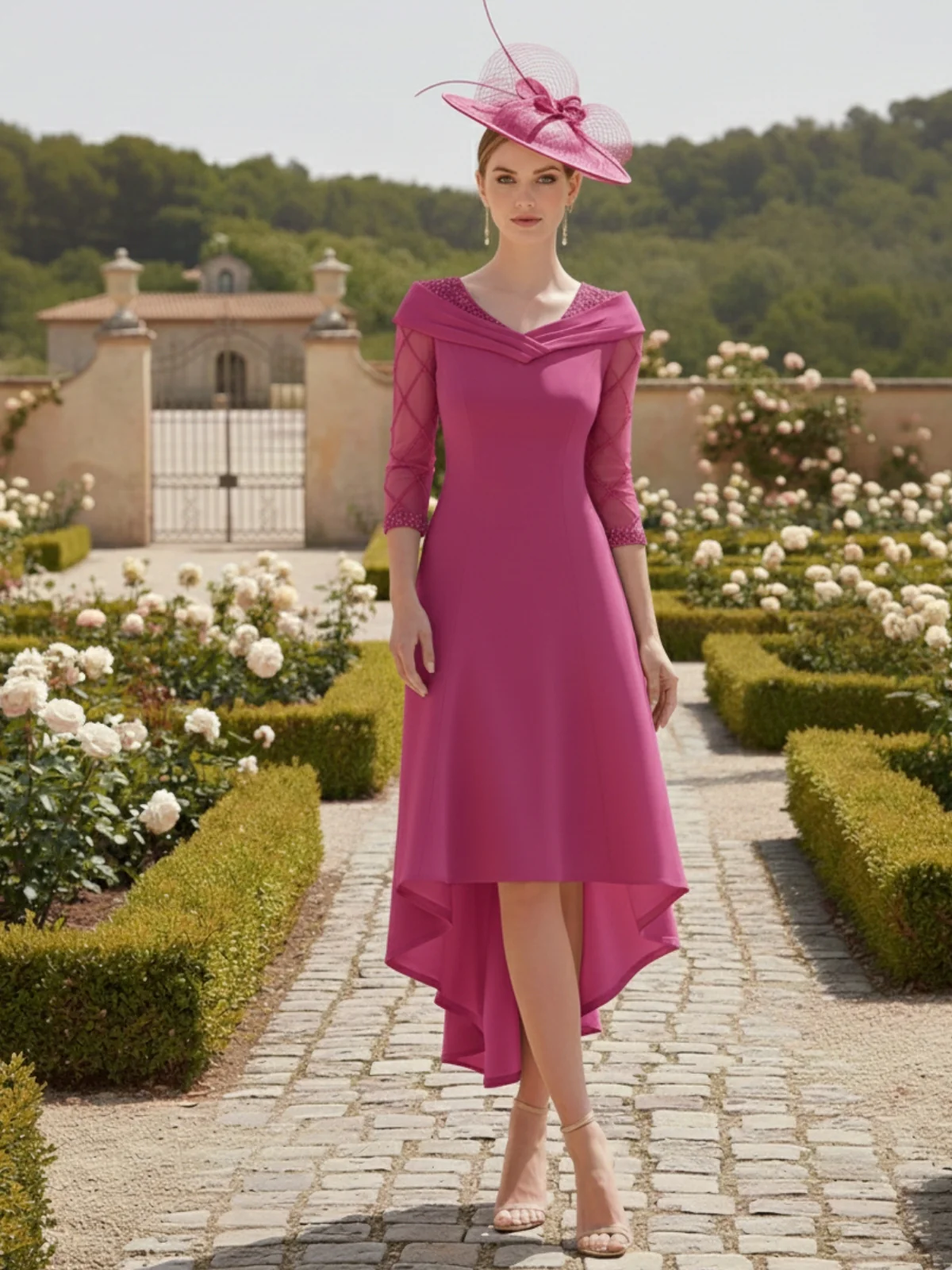 A-Line/Princess 3/4 Sleeves Knee-Length Asymmetrical Mother of the Bride Dresses with Beadings - Image 4