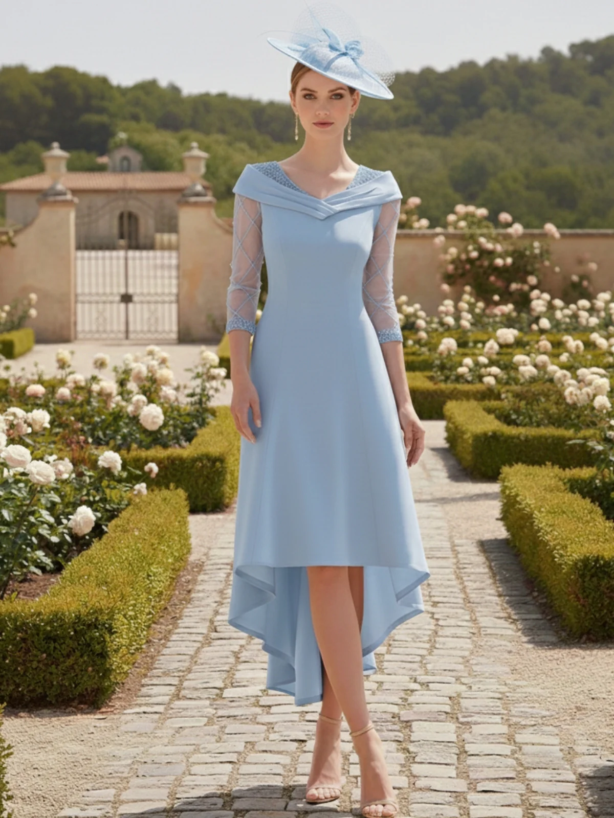 A-Line/Princess 3/4 Sleeves Knee-Length Asymmetrical Mother of the Bride Dresses with Beadings - Image 5