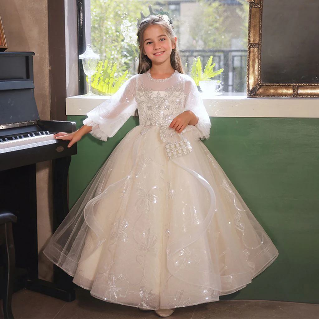 A-Line/Princess 3/4 Sleeves Lace Flower Girl Party Dress with Rhinestone Appliques - Image 3