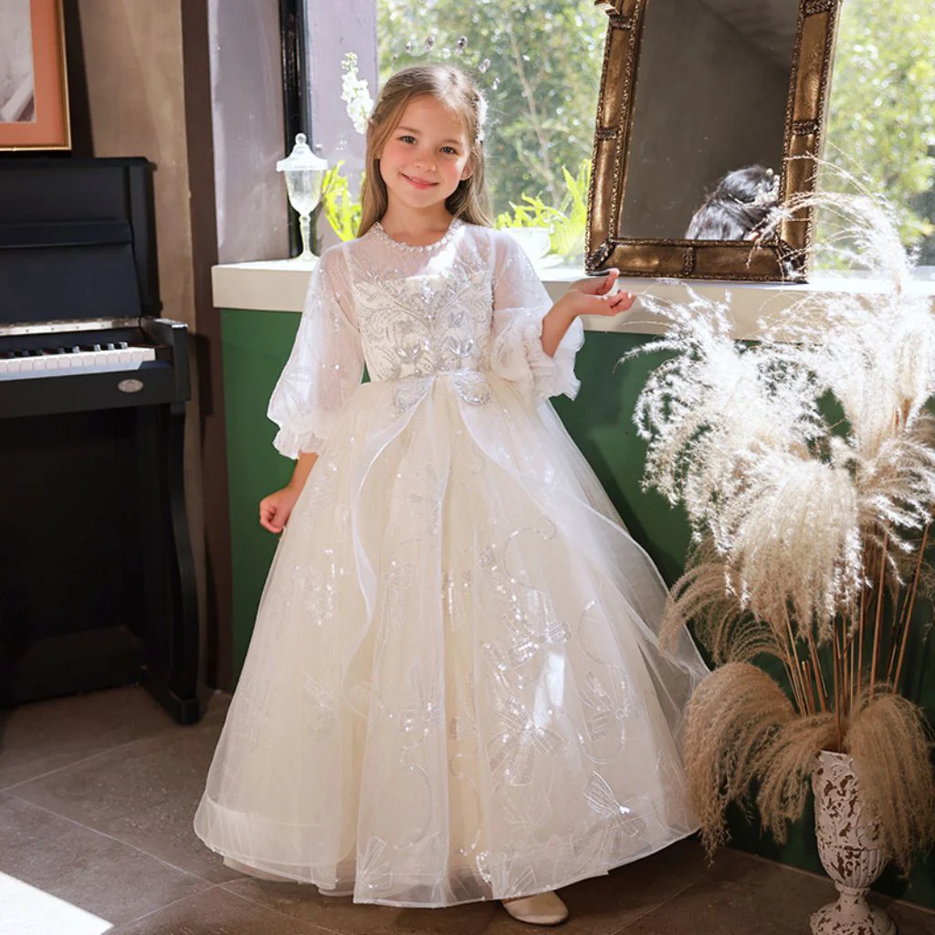 A-Line/Princess 3/4 Sleeves Lace Flower Girl Party Dress with Rhinestone Appliques - Image 4