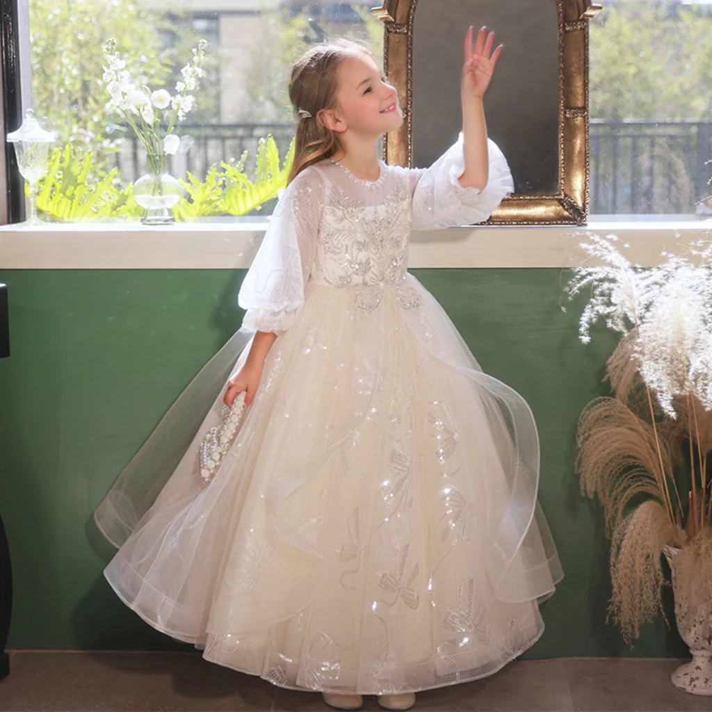 A-Line/Princess 3/4 Sleeves Lace Flower Girl Party Dress with Rhinestone Appliques - Image 5