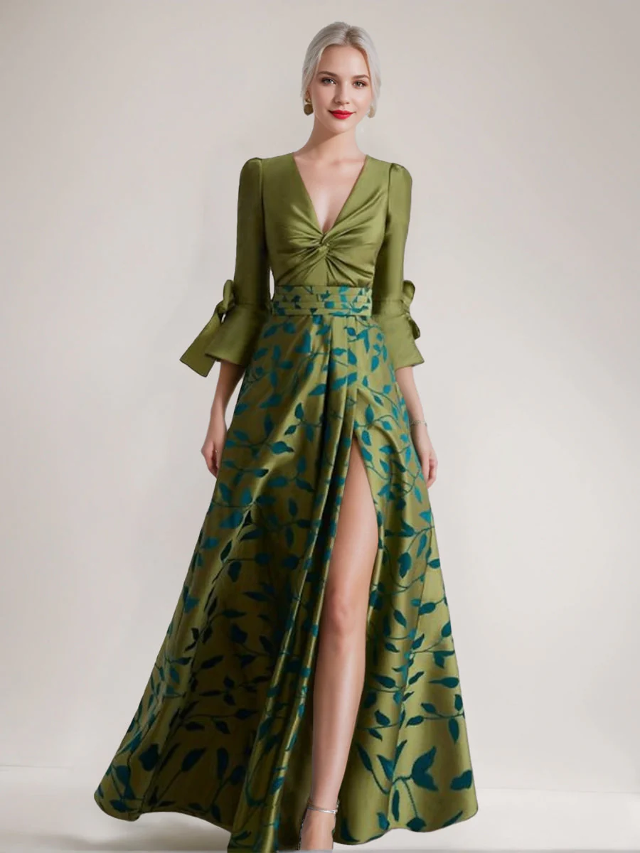 A-Line/Princess 3/4 Sleeves Printed Leaves Mother of the Bride Dresses with Split Side & Belt & Ruffles