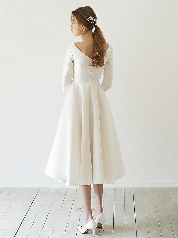 A-Line/Princess 3/4 Sleeves Scoop Neck Tea-Length Wedding Dresses - Image 2