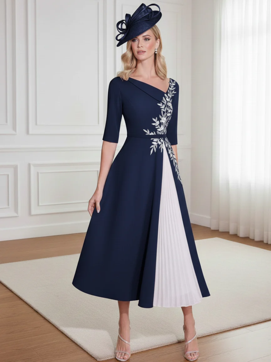 A-Line/Princess 3/4 Sleeves Tea-Length Mother of the Bride Dresses with Ruffles & Appliques - Image 3