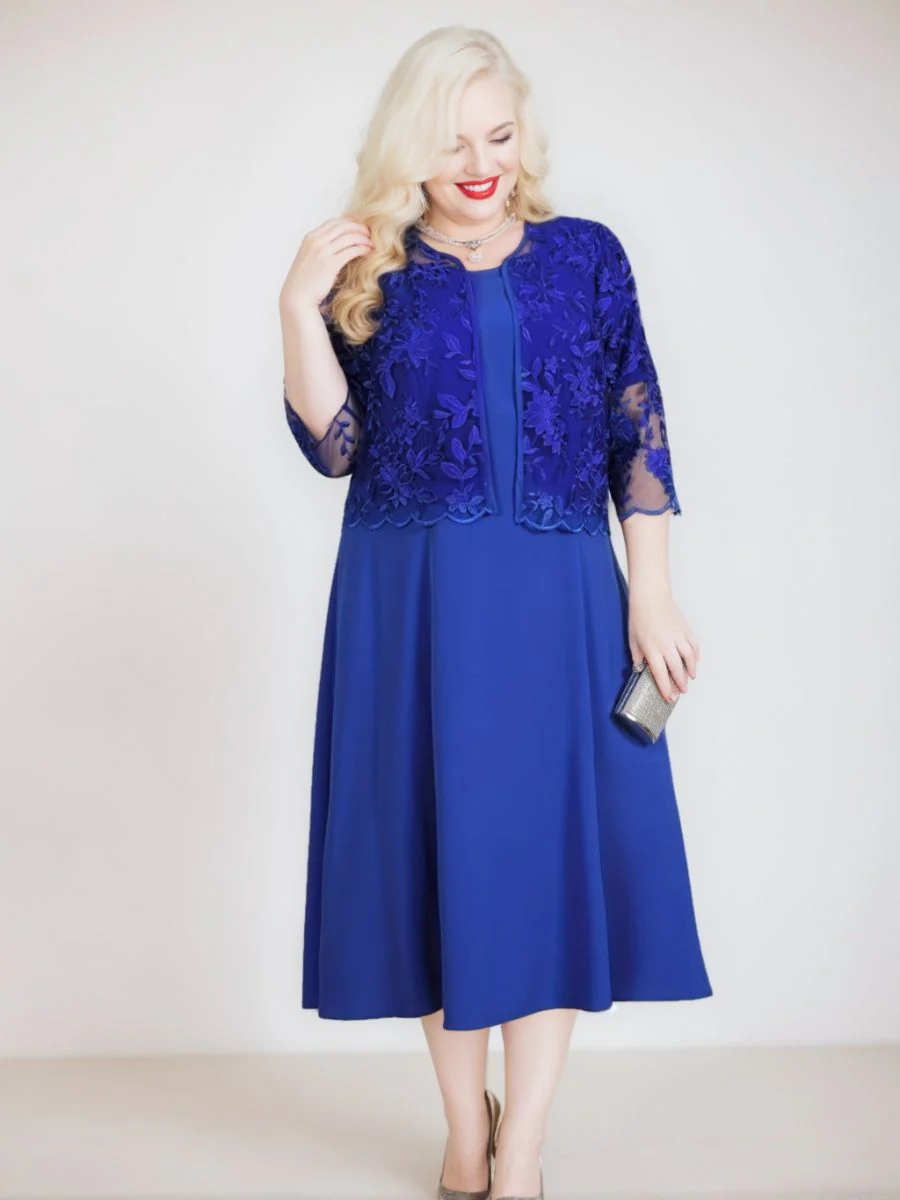 A-Line/Princess 3/4 Sleeves Tea-Length Plus Size Mother of the Bride Dresses with Appliques & Jacket - Image 3