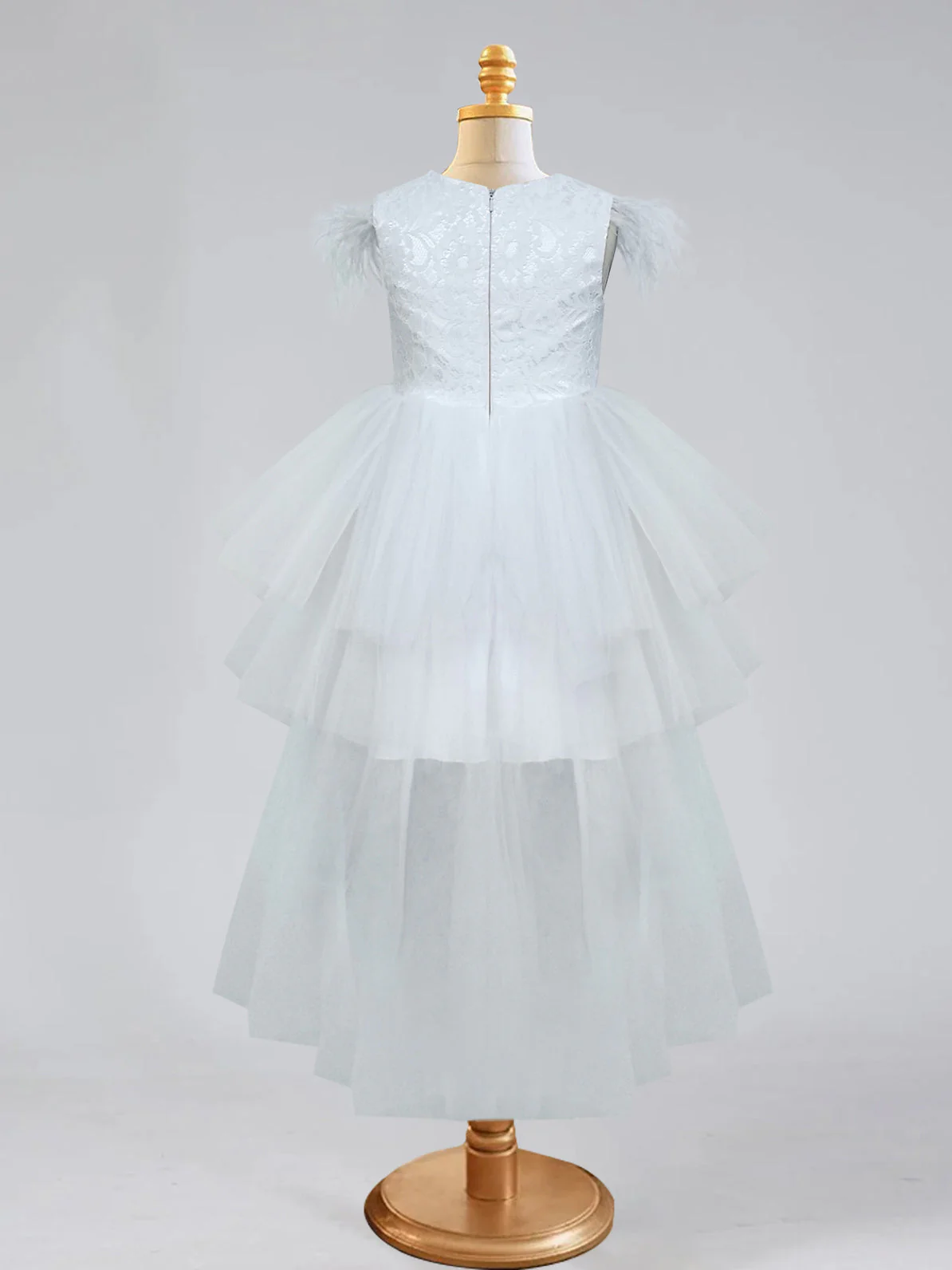 A-Line/Princess Asymmetrical High Low Flower Girl Dresses with Beading & Feather - Image 3