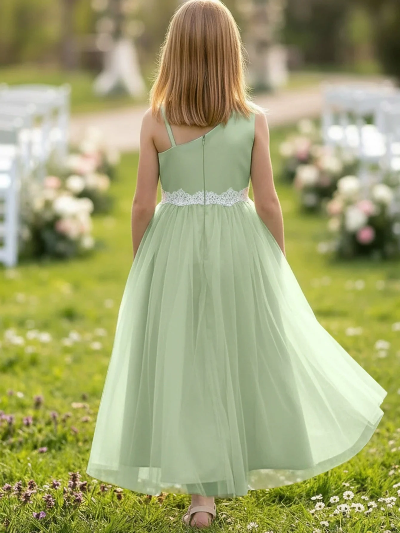 A-Line/Princess Asymmetrical Neck Satin Tulle Lace Flower Girl Dresses Sleeveless Floor-Length - Image 2