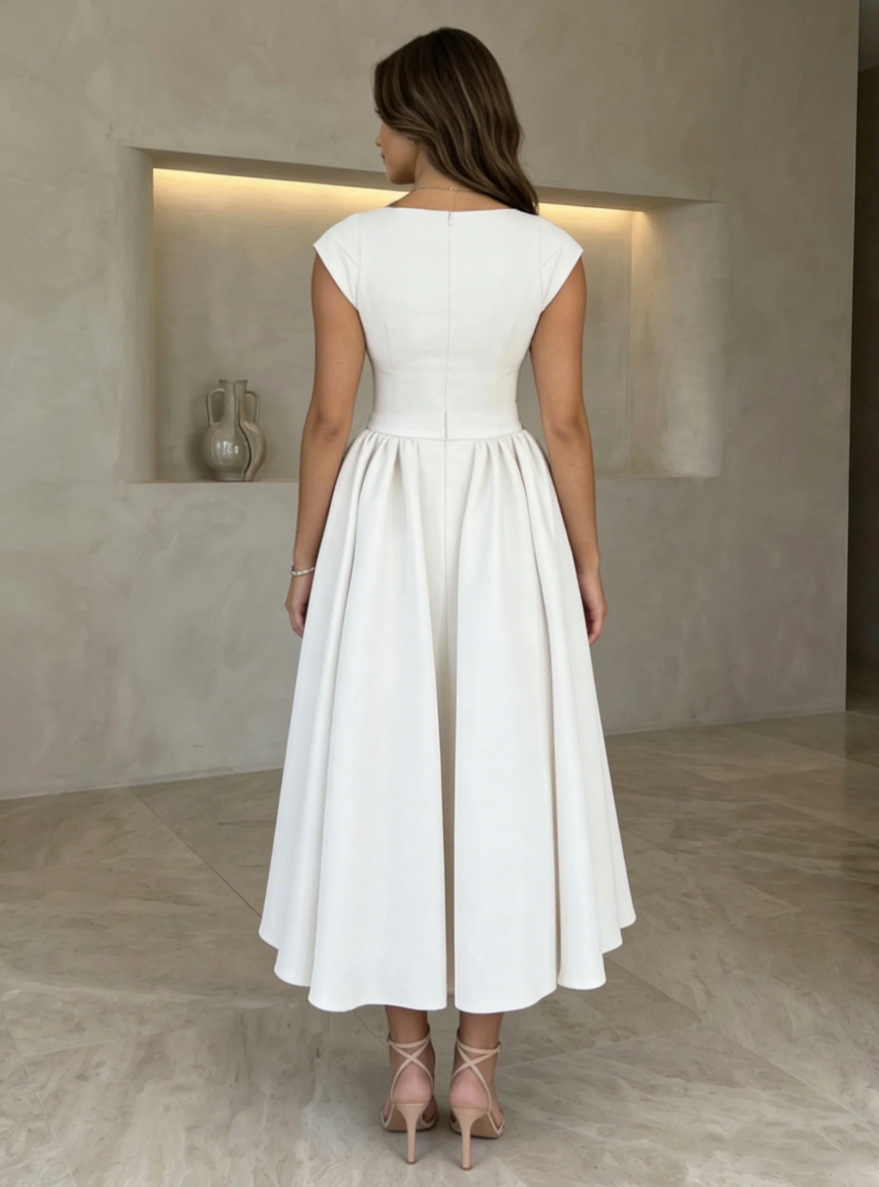 A-Line/Princess Boat Neck Stretch Satin Cocktail Dresses Sleeveless Tea-Length Graduation Dress Pleated Little White Dresses - Image 2