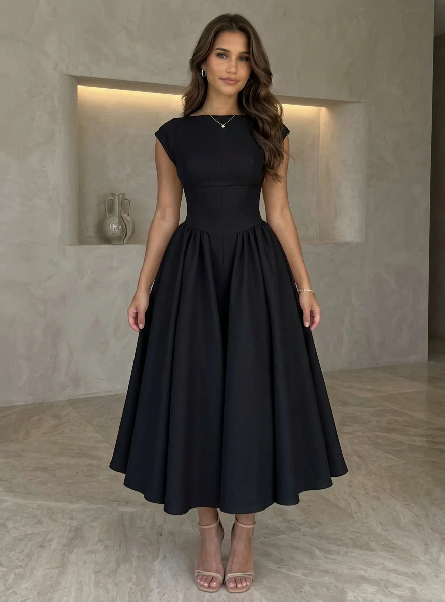 A-Line/Princess Boat Neck Stretch Satin Cocktail Dresses Sleeveless Tea-Length Graduation Dress Pleated Little White Dresses - Image 3