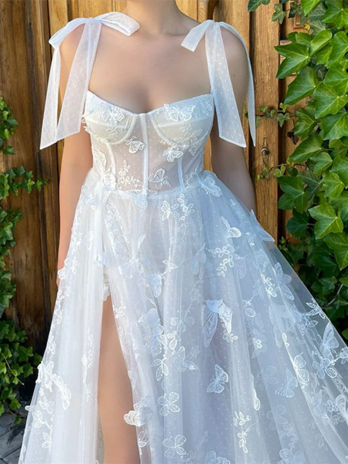 A-Line/Princess Bow knot Straps Sleeveless Floor-length Formal Prom Dresses with Butterfly - Image 6