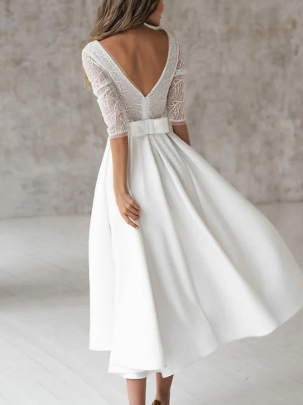 A-Line/Princess Chiffon Lace V Neck 3/4 Length Sleeve Tea Length Solid Colour Wedding Dress - Image 2