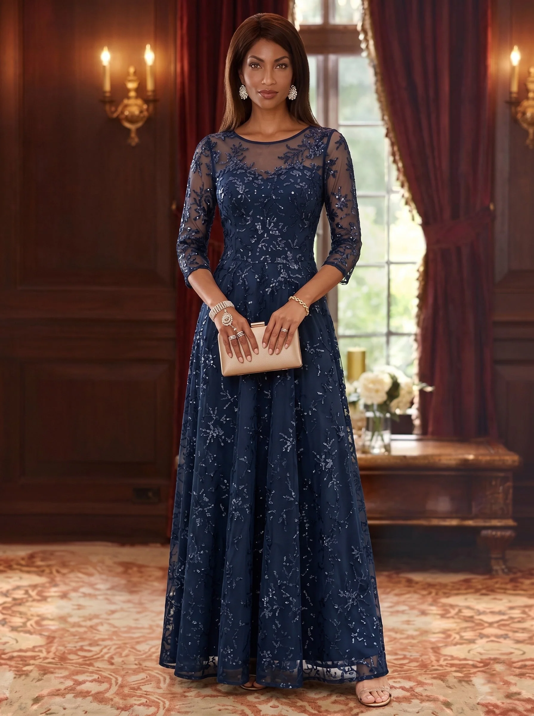 A-Line/Princess Scoop Mother of the Bride Dresses Lace Sequins 3/4 Sleeves Floor Length - Image 3