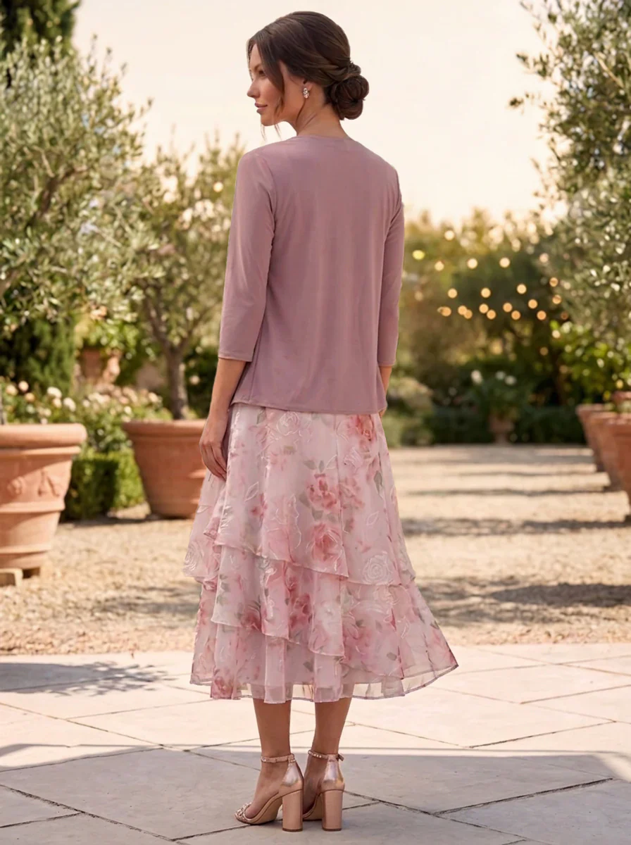 A-Line/Princess Chiffon Scoop Floral Mother of the Bride Dresses with Jacket Ruched Tea-Length 3/4 Sleeves Ruffles - Image 2