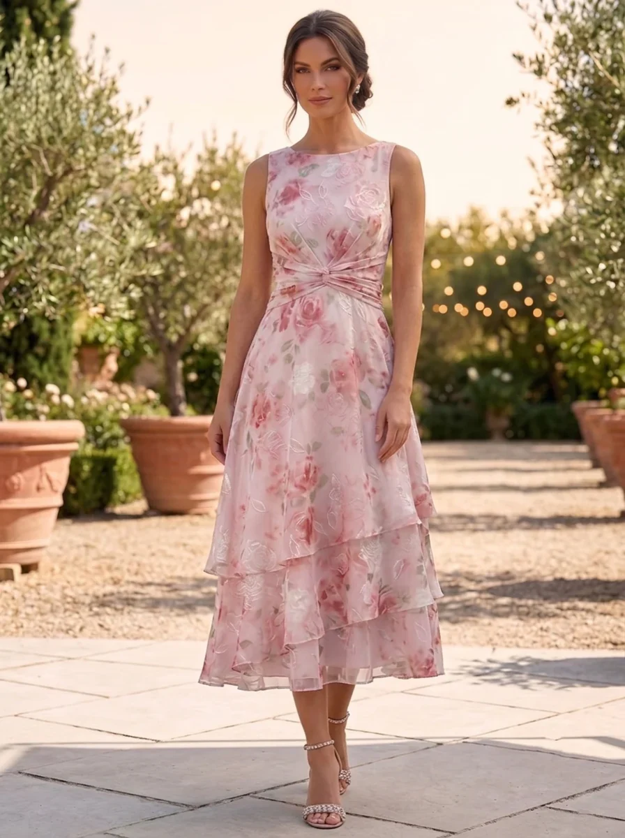A-Line/Princess Chiffon Scoop Floral Mother of the Bride Dresses with Jacket Ruched Tea-Length 3/4 Sleeves Ruffles - Image 3