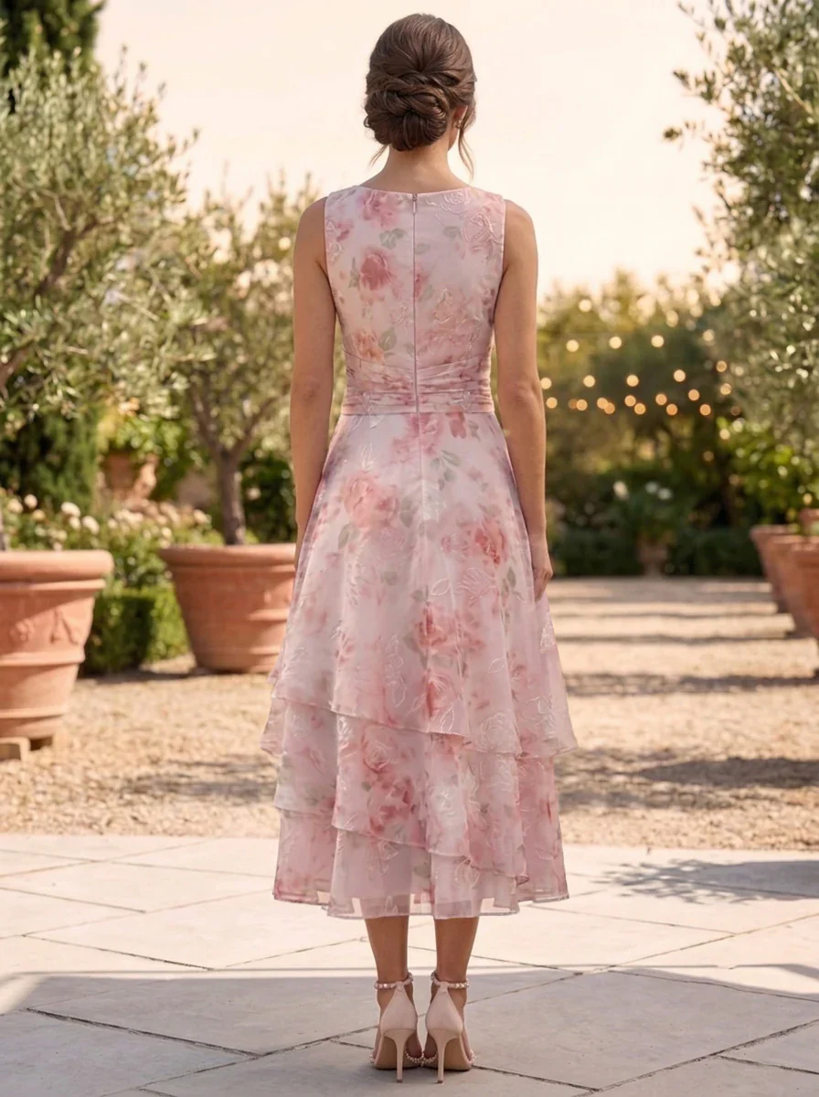 A-Line/Princess Chiffon Scoop Floral Mother of the Bride Dresses with Jacket Ruched Tea-Length 3/4 Sleeves Ruffles - Image 4