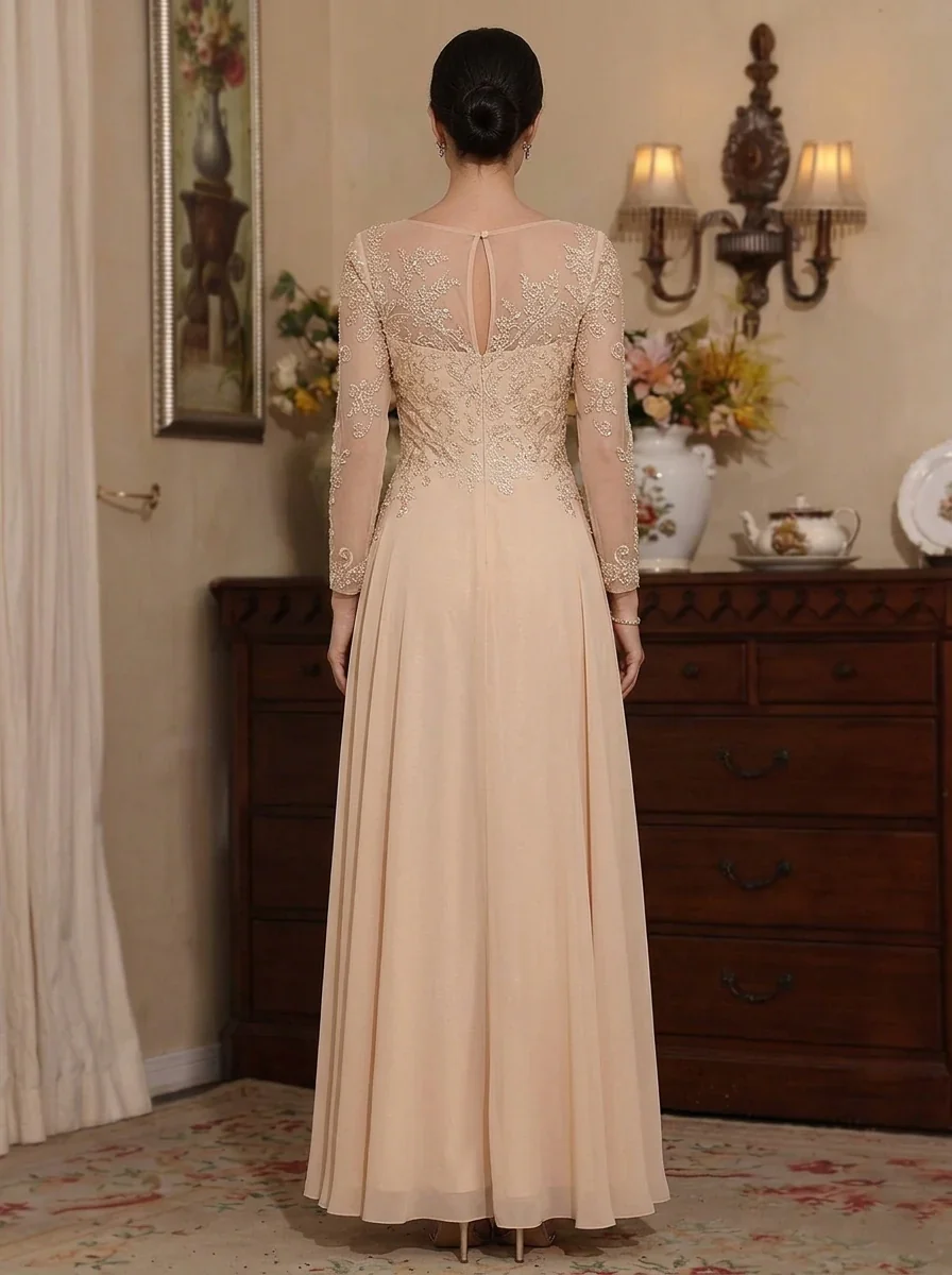 A-Line/Princess Chiffon Scoop Mother of the Bride Dresses Lace Floral Ankle-Length Long Sleeves - Image 2