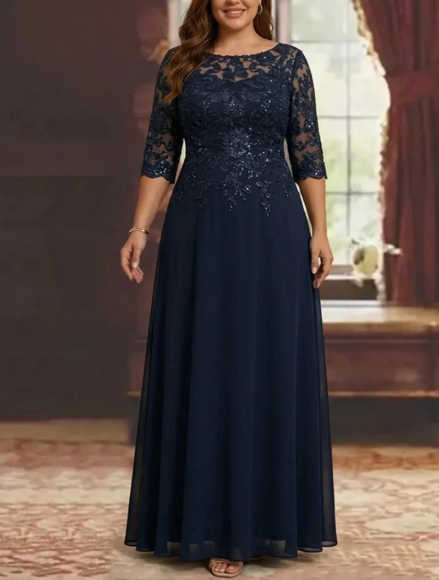 A-Line/Princess Chiffon Scoop Plus Size Mother of the Bride Dresses Half Sleeves Lace Ankle-Length