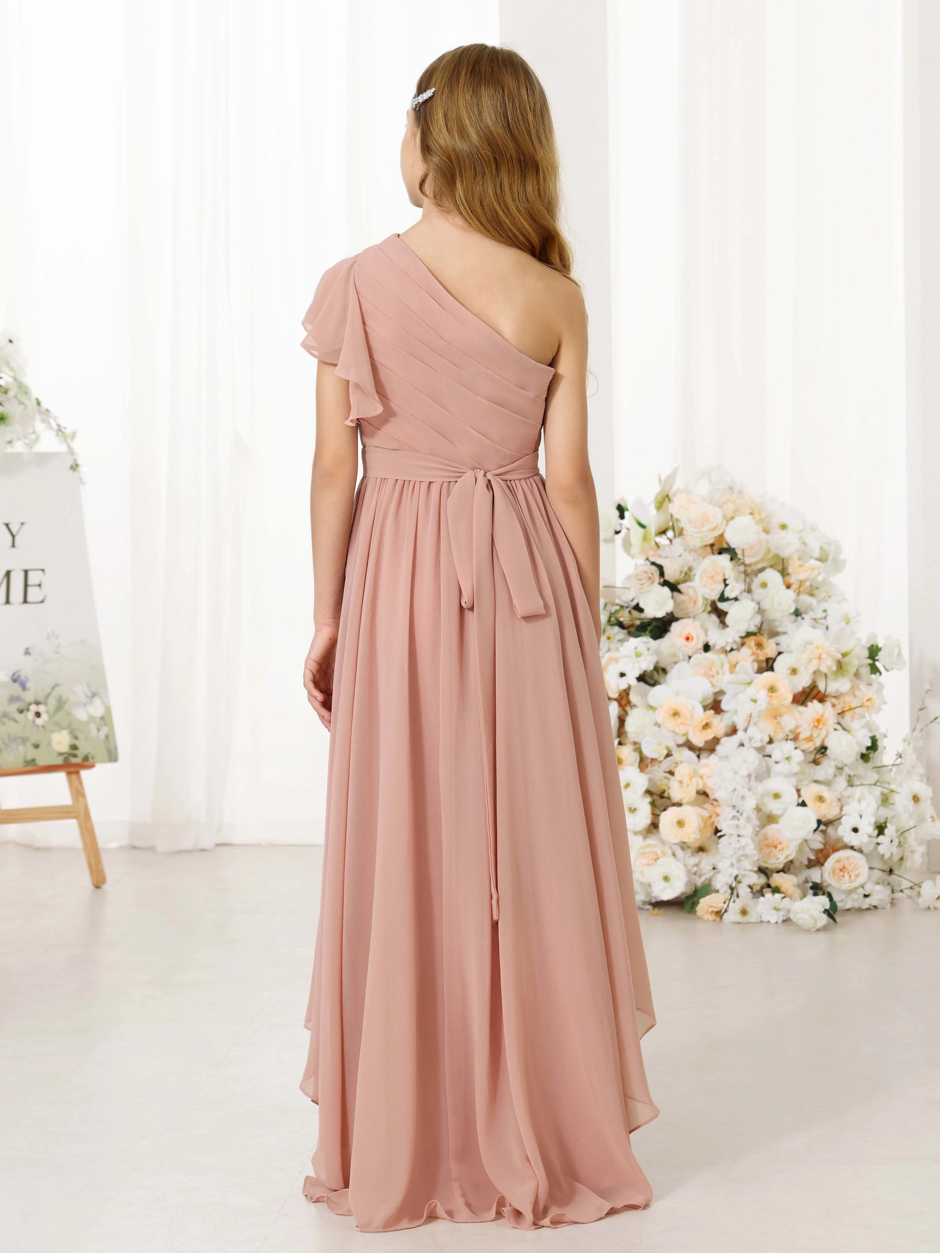 A-Line/Princess Chiffon Short Sleeves One-shoulder Asymmetrical  Flower Girl Dresses - Image 15