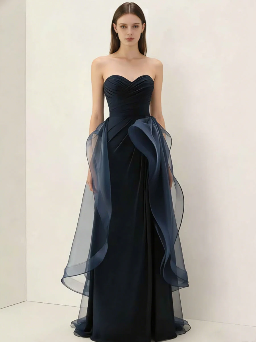A-Line/Princess Chiffon Strapless Evening Dresses Floor-Length Sleeveless Party Dresses Ruffles