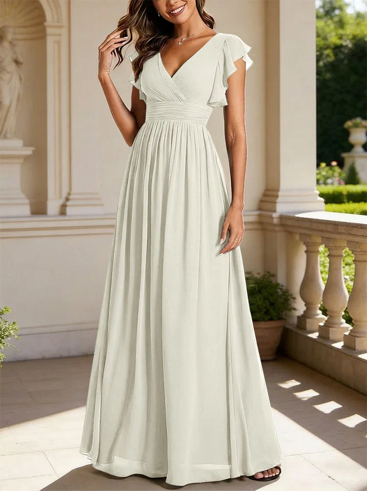A-Line/Princess Chiffon V-Neck Bridesmaid Dresses with Ruffles Short Sleeves Floor-Length - Image 12
