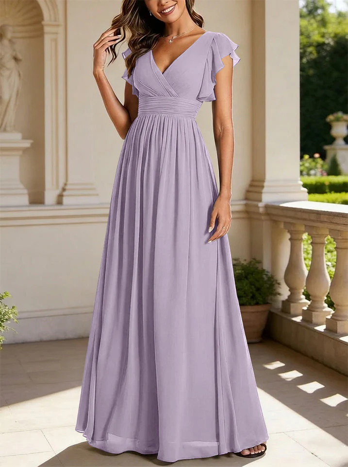 A-Line/Princess Chiffon V-Neck Bridesmaid Dresses with Ruffles Short Sleeves Floor-Length - Image 9